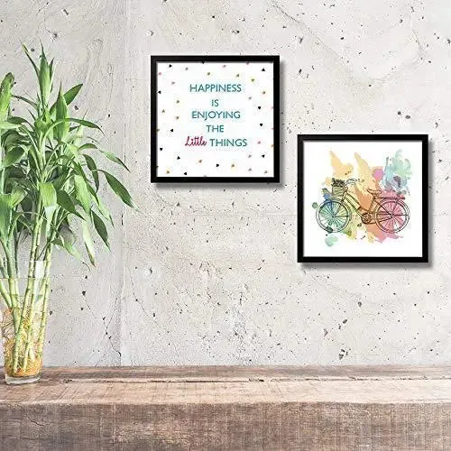 Happiness Quote with Bicycle Wall Painting in Glossy High Definition Print, in Black Frame, Set of 2