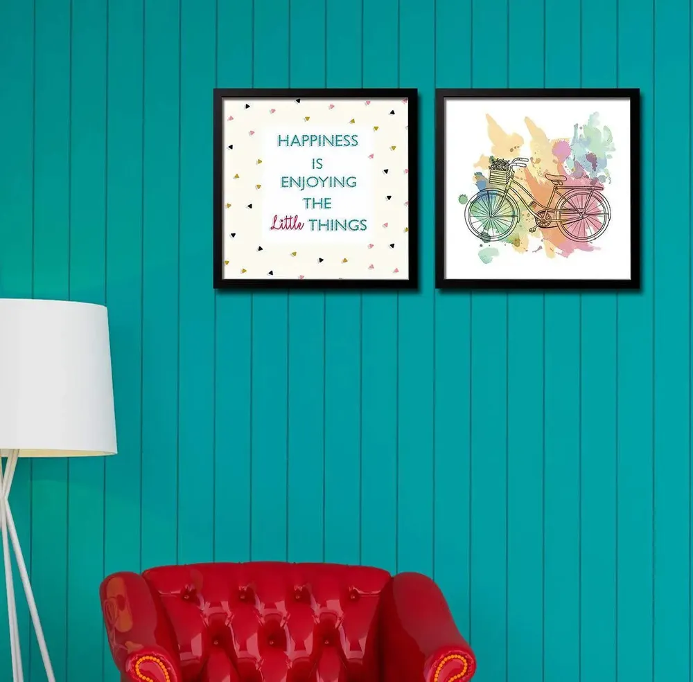 Happiness Quote with Bicycle Wall Painting in Glossy High Definition Print, in Black Frame, Set of 2