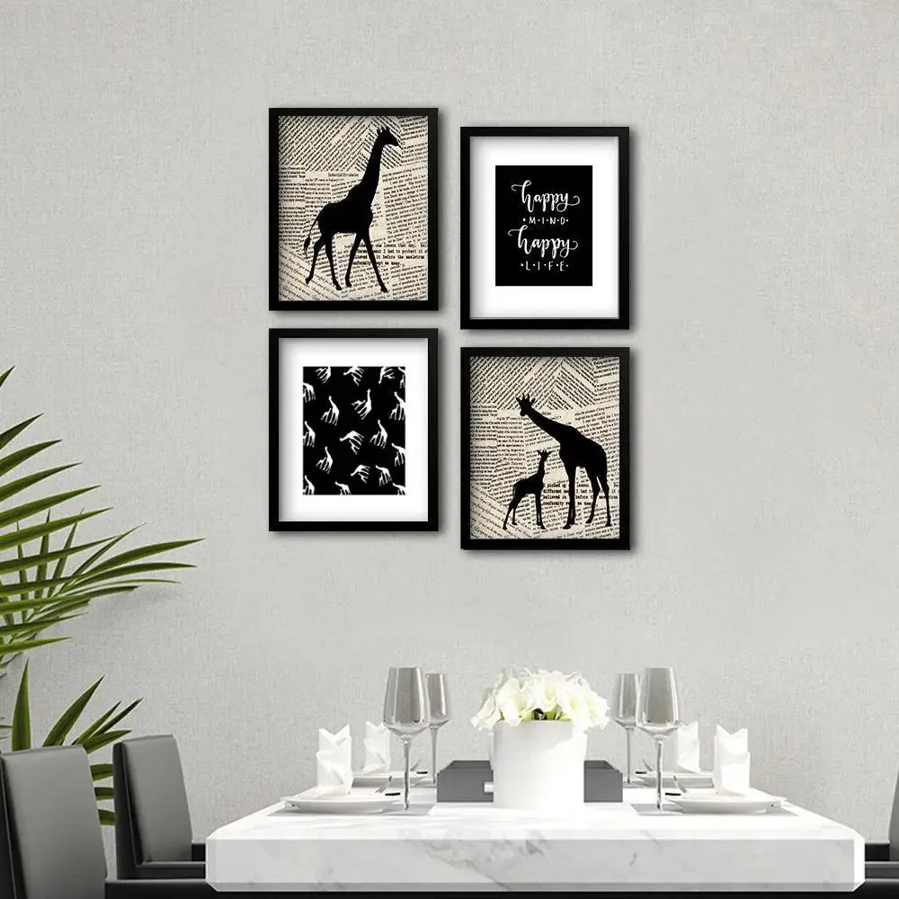 Happy Mind Happy Life Quote with Giraffe Wall Painting, Set of 4