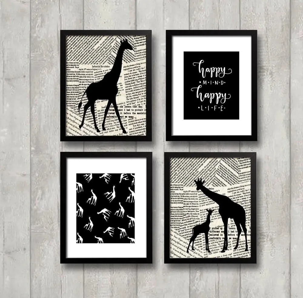 Happy Mind Happy Life Quote with Giraffe Wall Painting, Set of 4