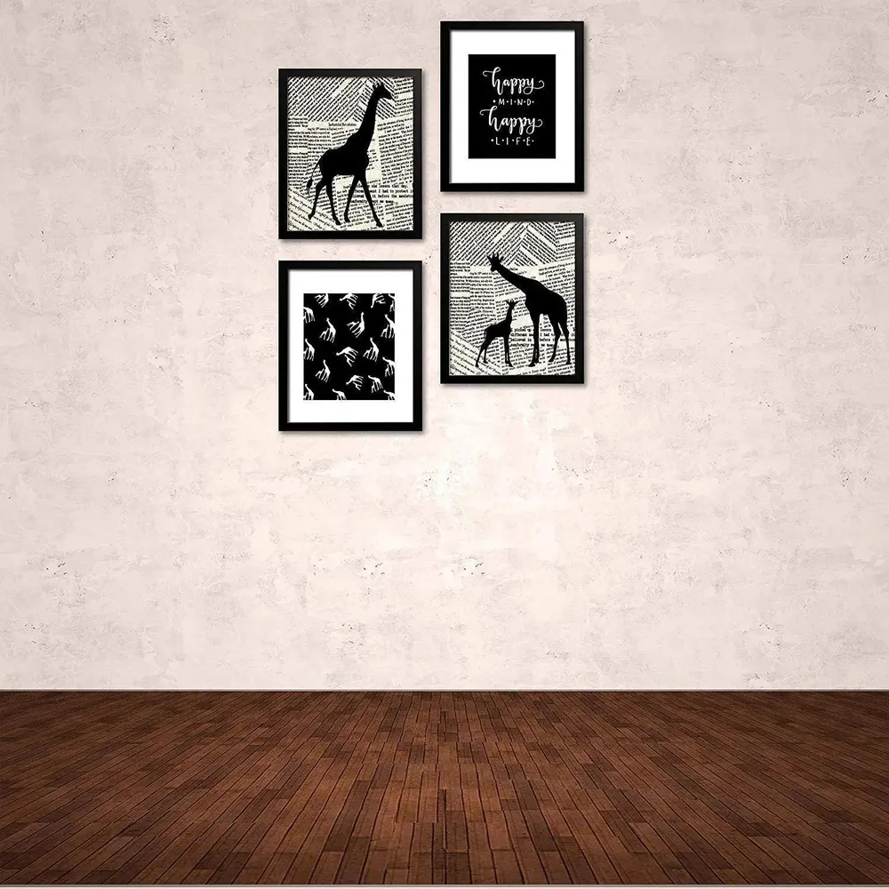 Happy Mind Happy Life Quote with Giraffe Wall Painting, Set of 4