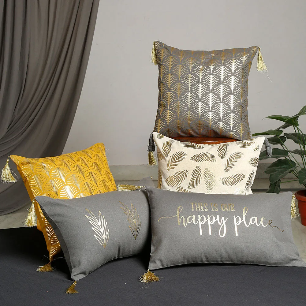 Happy Place Golden foil Print Set Of 5 100% Cotton Cushion Cover