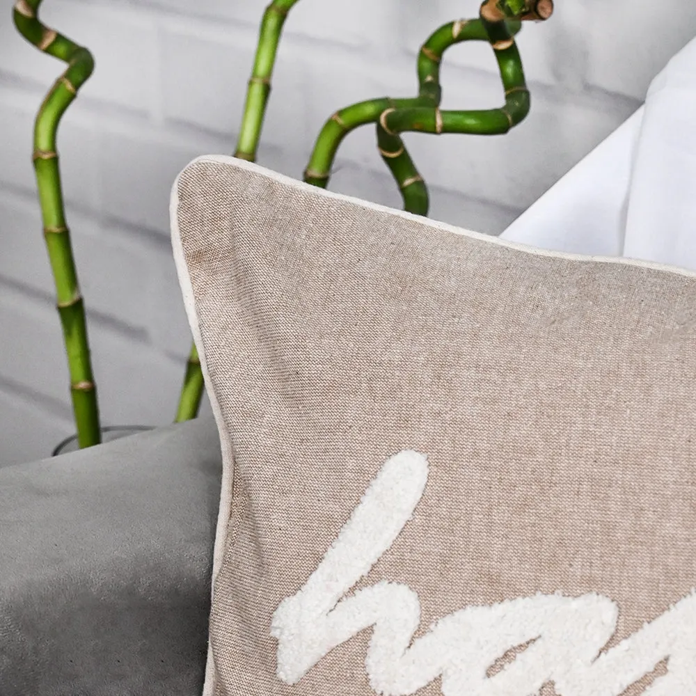 Happy Printed Beige Velvet Cushion Cover