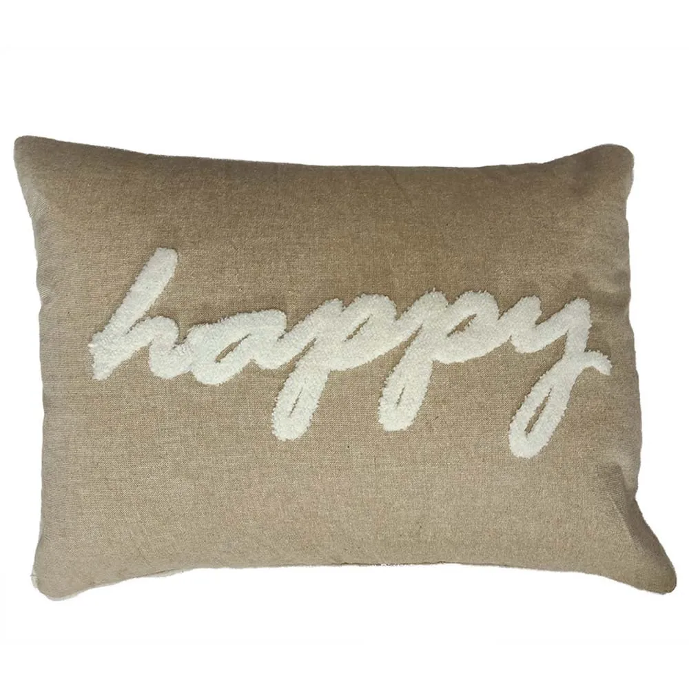 Happy Printed Beige Velvet Cushion Cover