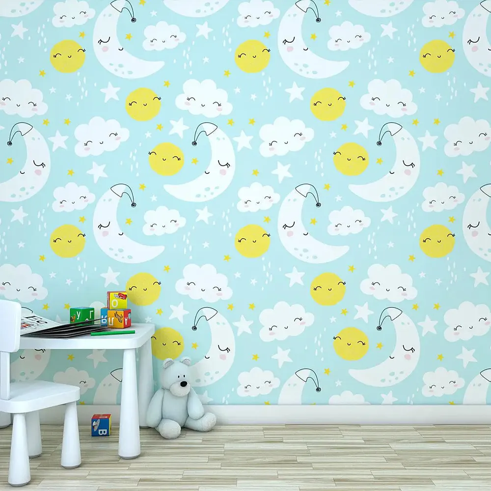 Happy Sky Light Blue Kids Self Adhesive Wallpaper