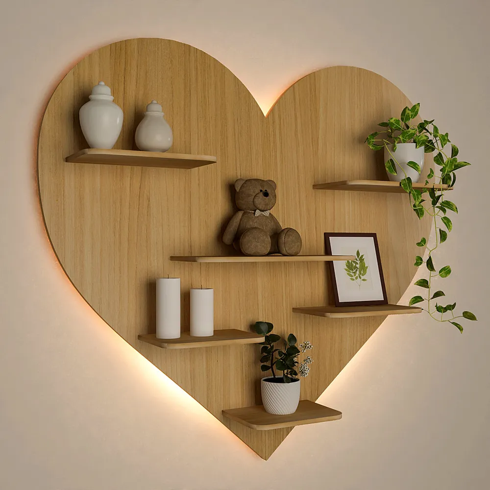 Heart Backlit Wood Wall Shelf / Book Shelf / Night Light, Light Oak Finish Regular ( 32 inches x 29 inches )