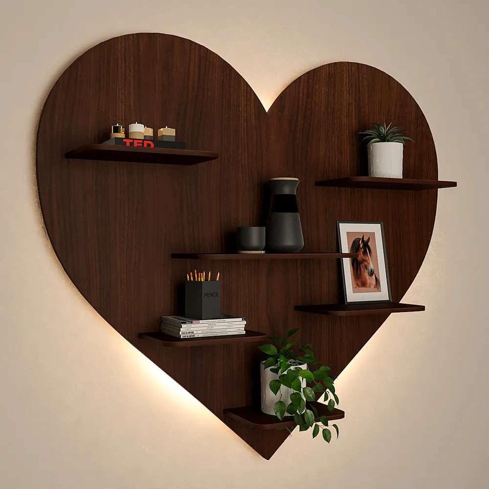 Heart Backlit Wood Wall Shelf / Book Shelf, Walnut Finish Regular ( 32 inches x 29 inches )