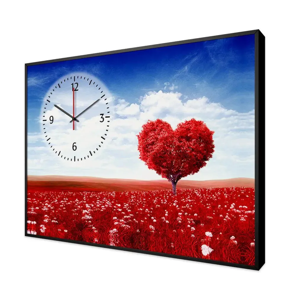 Heart Shape Tree Canvas Printed Decorative Wall Clock With Floating Frame