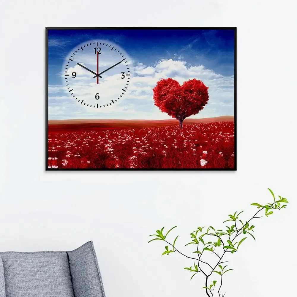 Heart Shape Tree Canvas Printed Decorative Wall Clock With Floating Frame