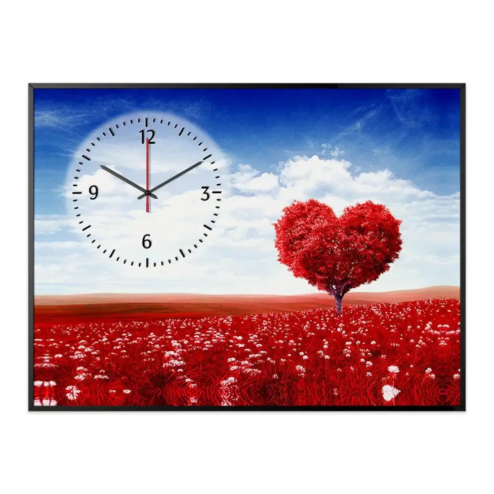Heart Shape Tree Canvas Printed Decorative Wall Clock With Floating Frame