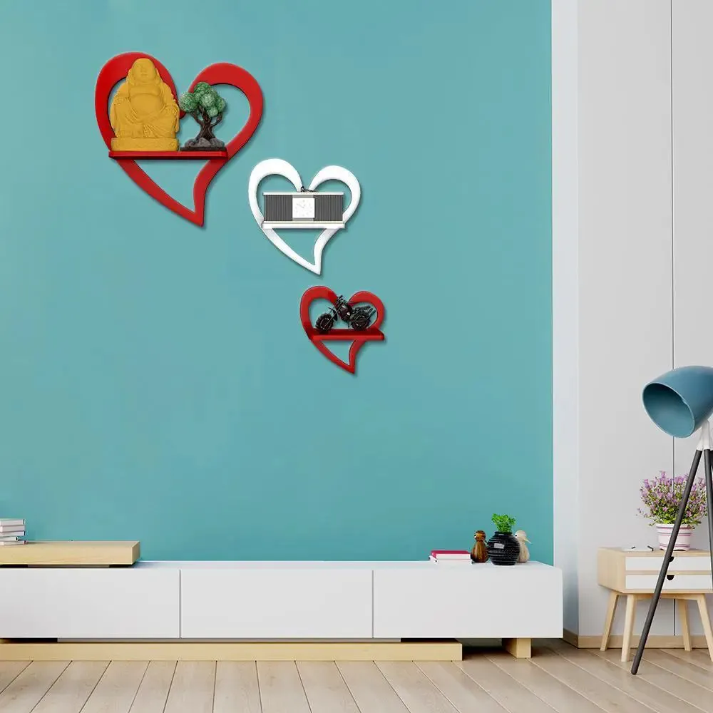 Heart Shape Wood Wall Shelf / Book Shelf,Red and White Color