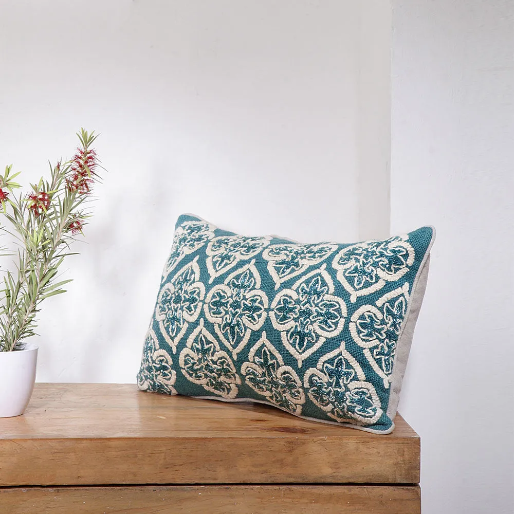 Heavy Embellished Peacock Blue 100% Cotton Cushion Cover Set of 1