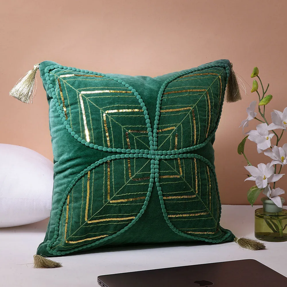 Heavy Pallav Sequin Embroidered Bottle Green Velvet Square Cushion Cover Set of 1