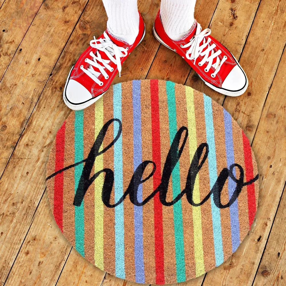 Hello Printed Colorful Natural Coir Doormat