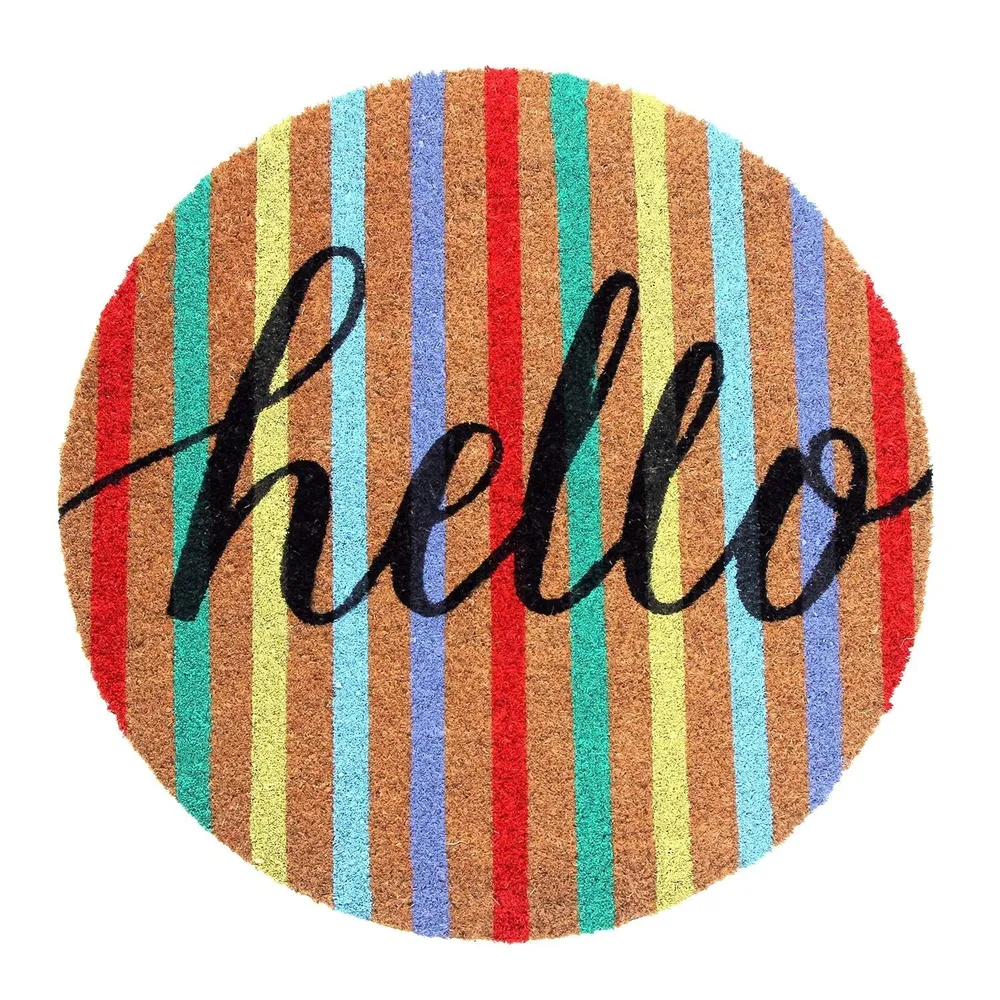 Hello Printed Colorful Natural Coir Doormat