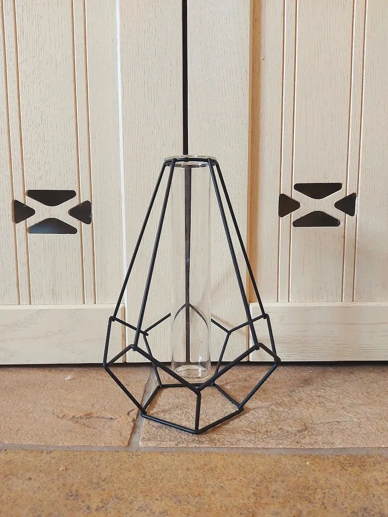 Hex Metal Wire Glass Tube Vase-Black