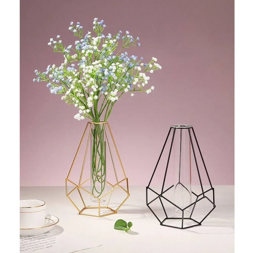 Hex Metal Wire Glass Tube Vase-Black