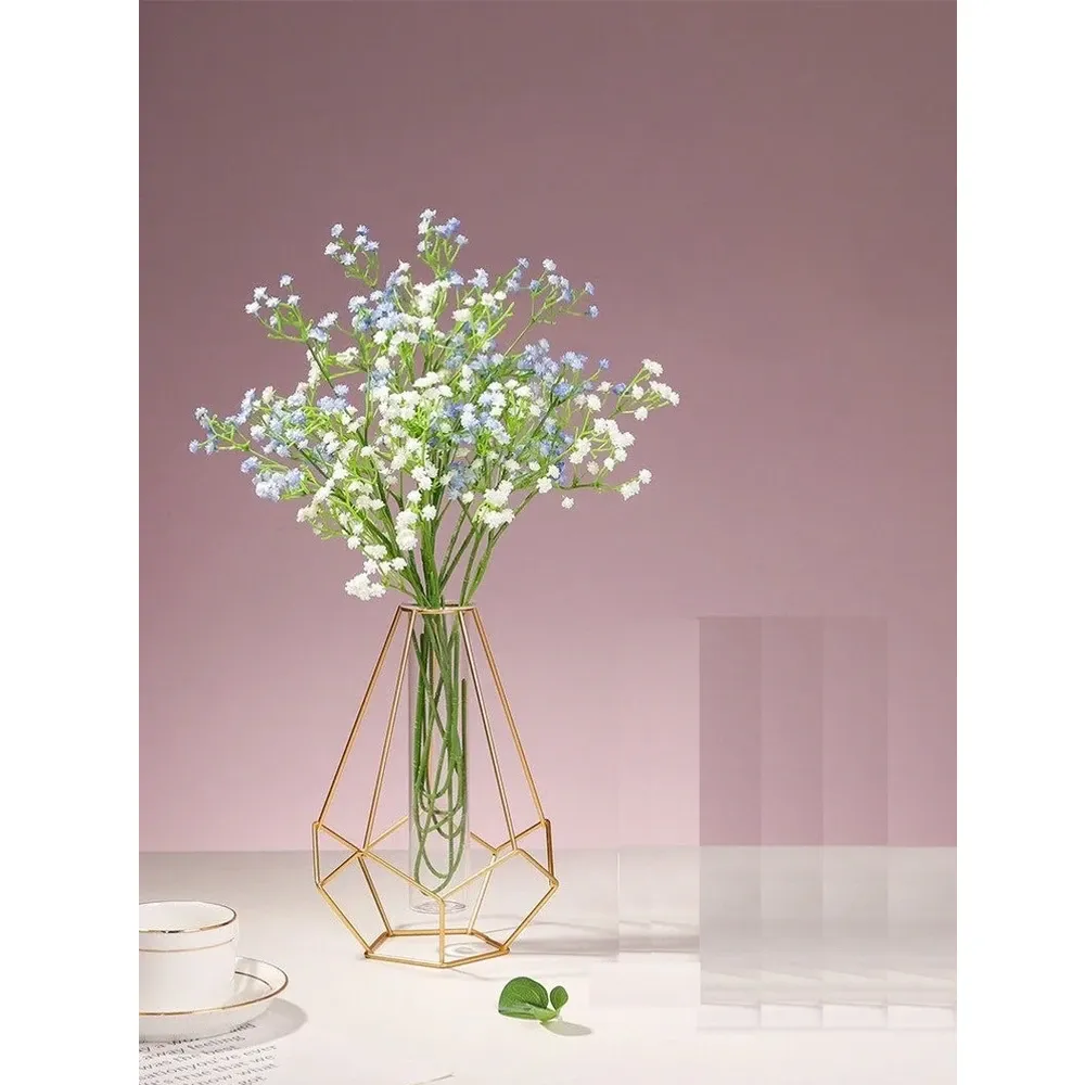 Hex Metal Wire Glass Tube Vase-Golden