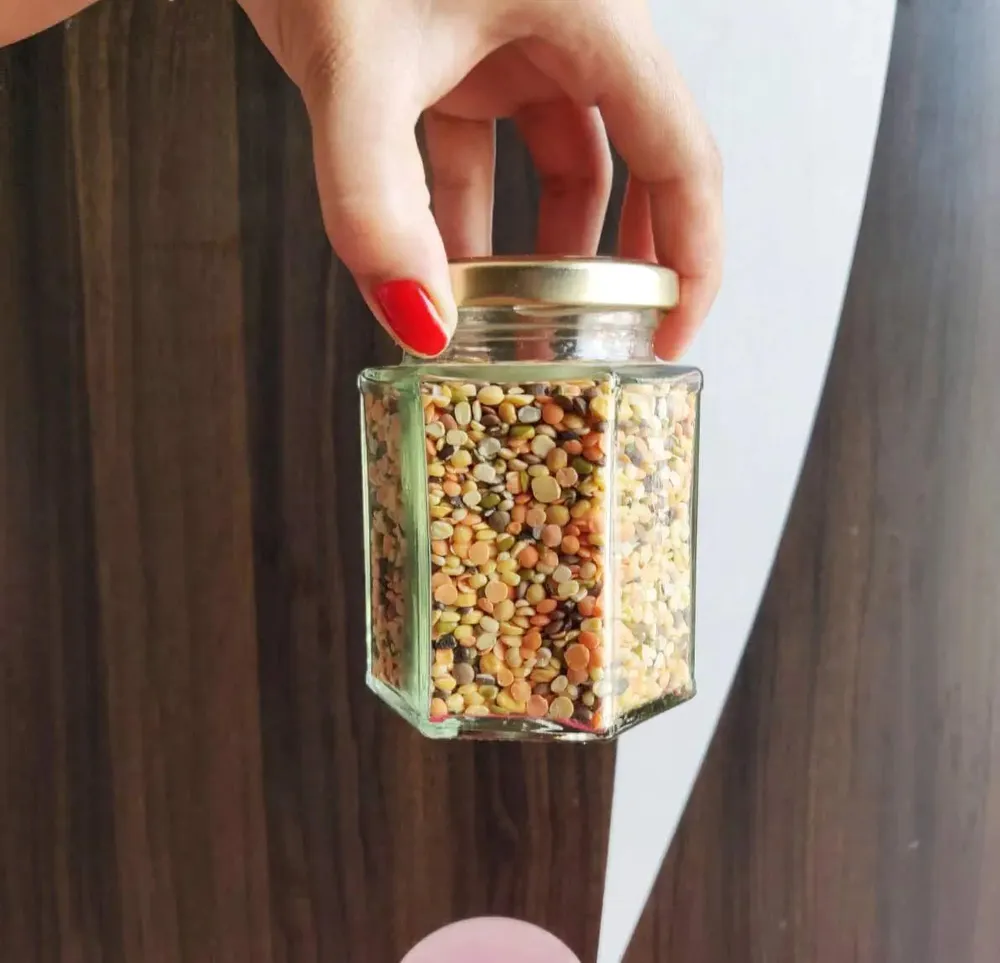 Hexagon Cut Airtight Glass Kitchen Storage Container With Golden Lid Set Of 6 (260 ml)
