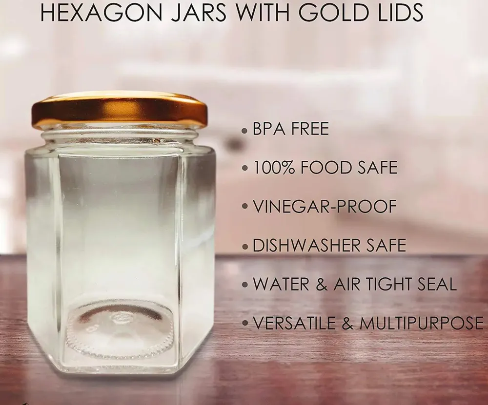 Hexagon Cut Airtight Glass Kitchen Storage Container With Golden Lid Set Of 6 (260 ml)