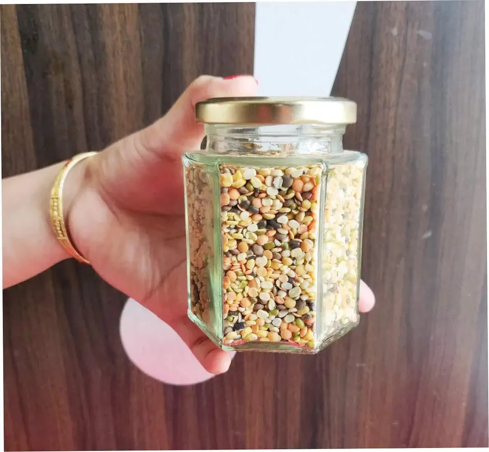 Hexagon Cut Airtight Glass Kitchen Storage Container With Golden Lid Set Of 6 (260 ml)