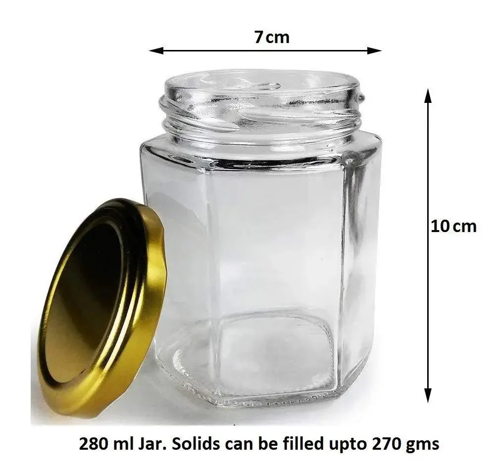 Hexagon Cut Airtight Glass Kitchen Storage Container With Golden Lid Set Of 6 (260 ml)