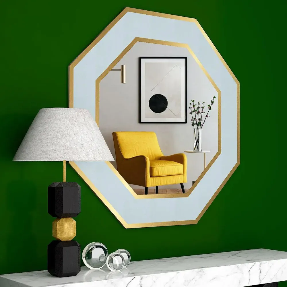 Hexagon Shape Decorative Wooden Wall Mirror Regular ( 45CM X 45CM )