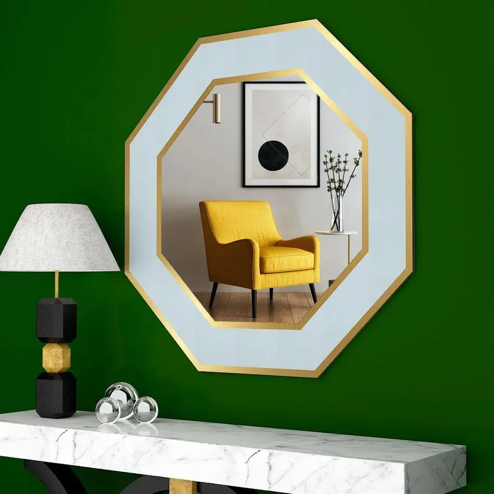 Hexagon Shape Decorative Wooden Wall Mirror Regular ( 45CM X 45CM )