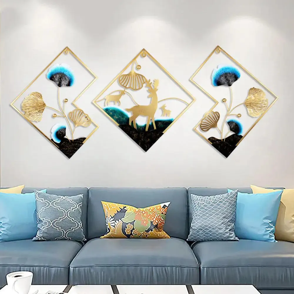 Hexagonal Flower Motif Designer Metal Wall Art Piece (Sky Blue & Black)- Set of 3