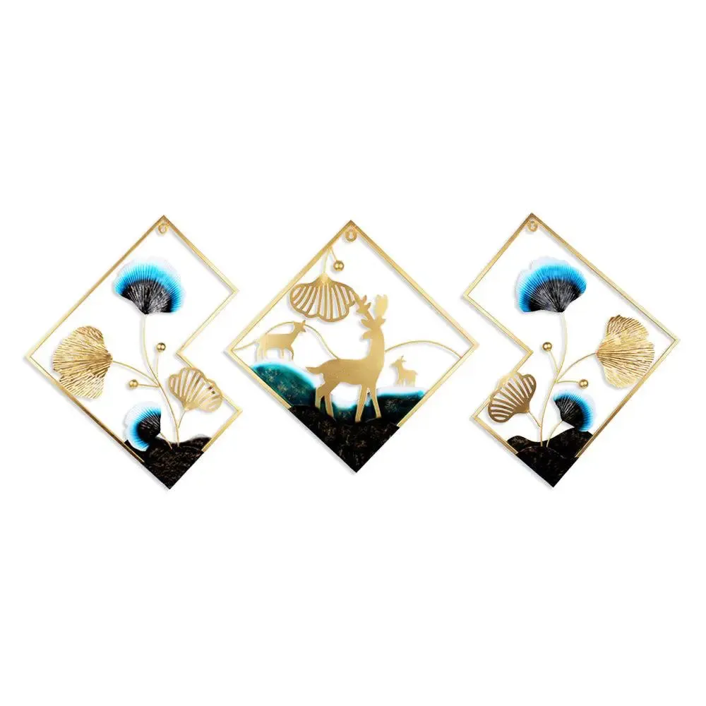 Hexagonal Flower Motif Designer Metal Wall Art Piece (Sky Blue & Black)- Set of 3