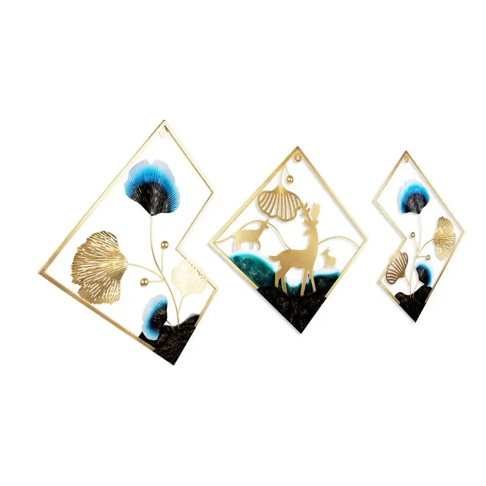 Hexagonal Flower Motif Designer Metal Wall Art Piece (Sky Blue & Black)- Set of 3
