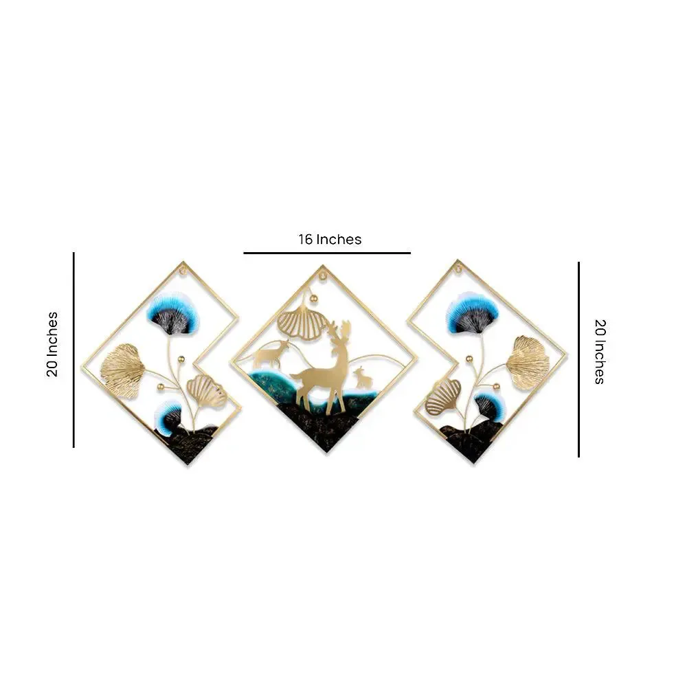 Hexagonal Flower Motif Designer Metal Wall Art Piece (Sky Blue & Black)- Set of 3