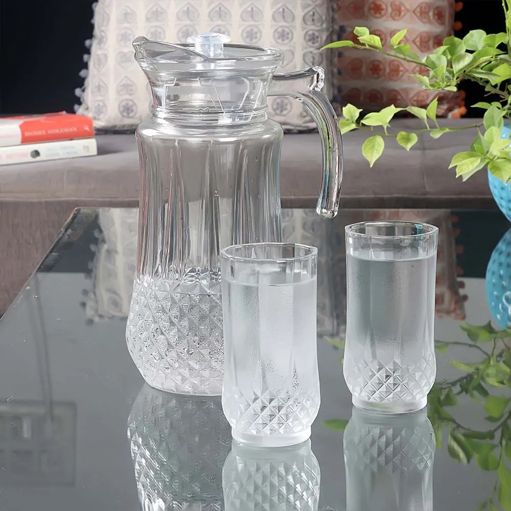High-quality Diamond-cut Textured Design Transparent 6 Glass & 1 Jug Set (7 Pieces )