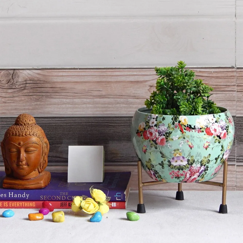 High-quality Floral Print Multicoloured Indoor Metal Plant Stand with Pot (Set of 2)
