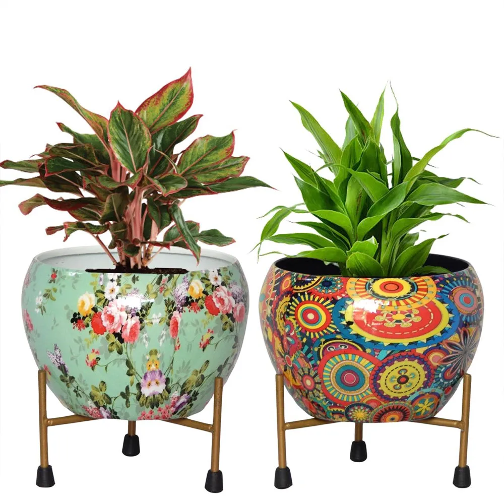 High-quality Floral Print Multicoloured Indoor Metal Plant Stand with Pot (Set of 2)
