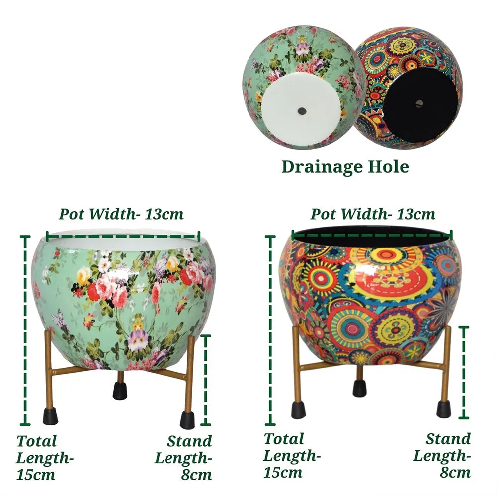High-quality Floral Print Multicoloured Indoor Metal Plant Stand with Pot (Set of 2)
