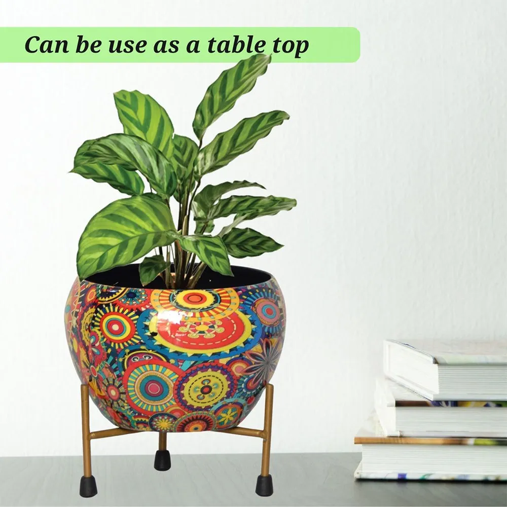 High-quality Floral Print Multicoloured Indoor Metal Plant Stand with Pot (Set of 2)