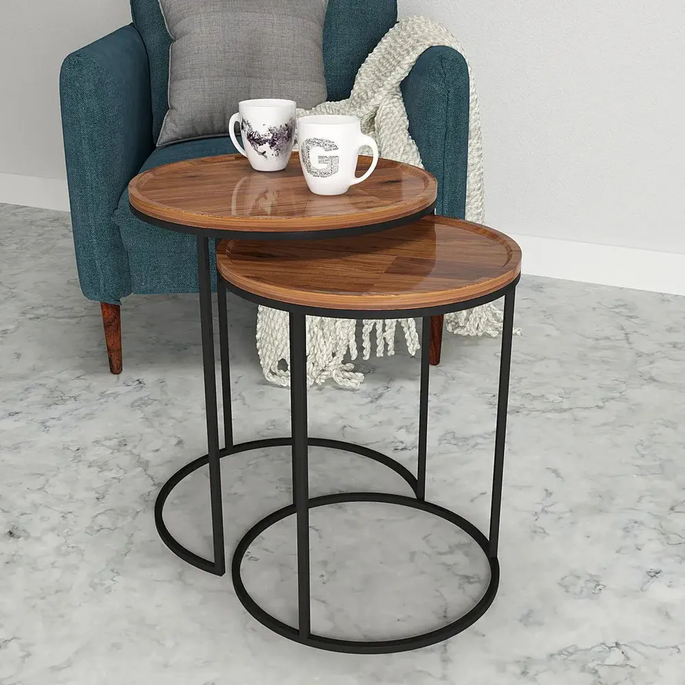 High-Quality Sheesham Wood Nesting Tables with Metal Base - Set of 2