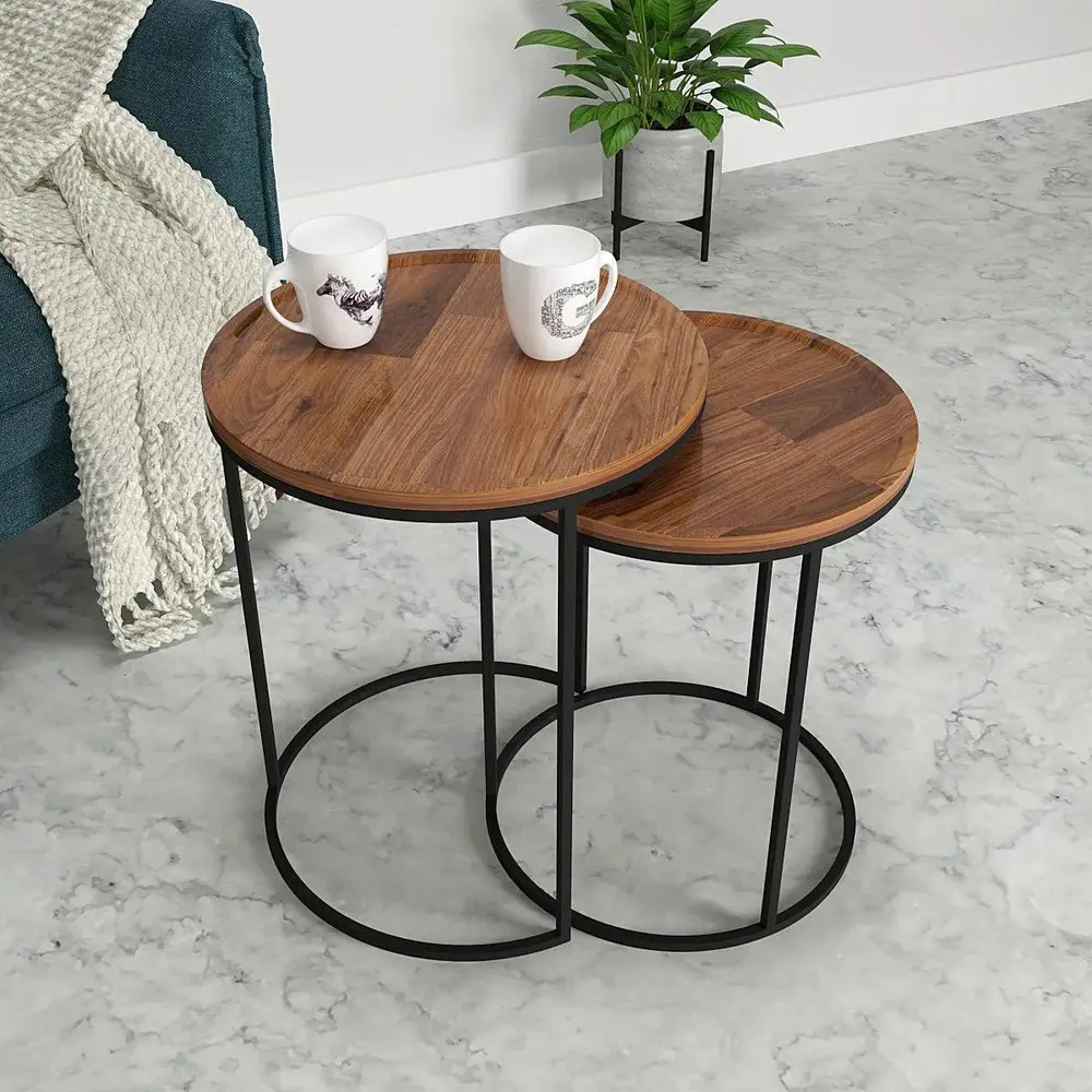 High-Quality Sheesham Wood Nesting Tables with Metal Base - Set of 2