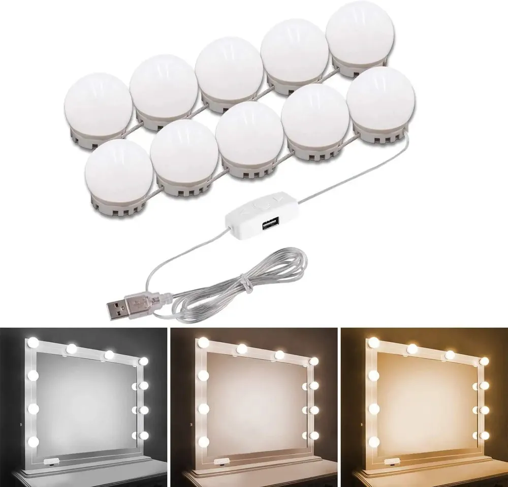 Hollywood Style 10 LED Lights for Vanity Mirror with 3 Color Modes & Adjustable Brightness