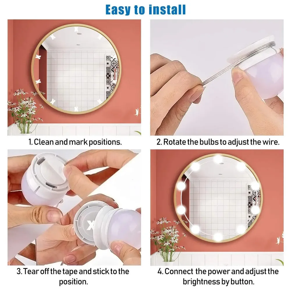 Hollywood Style 10 LED Lights for Vanity Mirror with 3 Color Modes & Adjustable Brightness