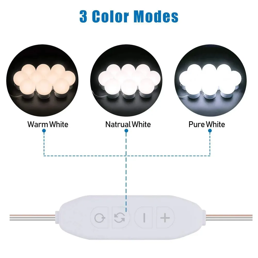 Hollywood Style 10 LED Lights for Vanity Mirror with 3 Color Modes & Adjustable Brightness