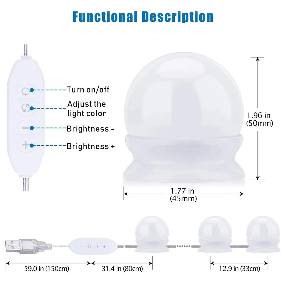 Hollywood Style 10 LED Lights for Vanity Mirror with 3 Color Modes & Adjustable Brightness