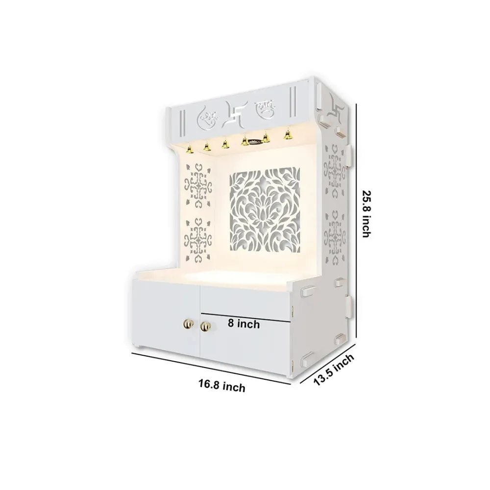 Holy Swastika Symbol Of Hindu Religious White Wooden Wall Temple For Home With Inbuilt Focus Lights &amp; Spacious Shelf