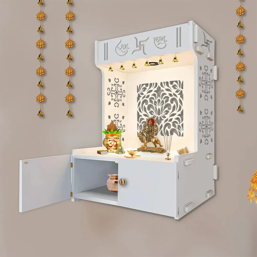 Holy Swastika Symbol Of Hindu Religious White Wooden Wall Temple For Home With Inbuilt Focus Lights &amp; Spacious Shelf