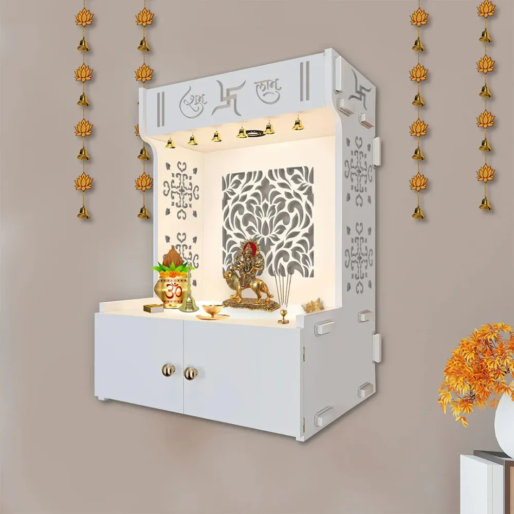 Holy Swastika Symbol Of Hindu Religious White Wooden Wall Temple For Home With Inbuilt Focus Lights &amp; Spacious Shelf