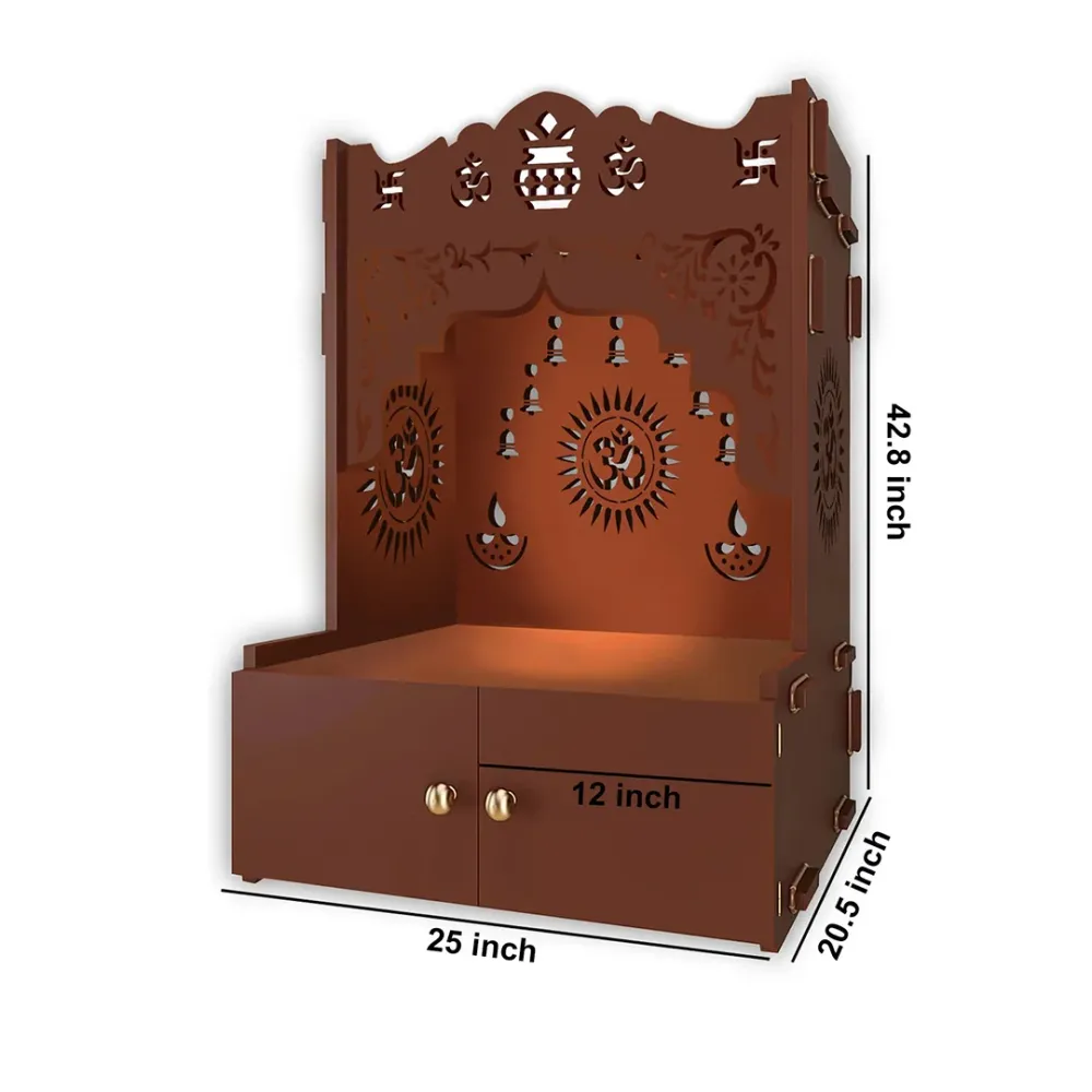 Holy Symbol Om Chakra Floor Temple With Spacious Wooden Shelf &amp; Inbuilt Focus Light- Brown Finish