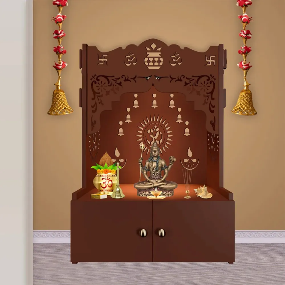 Holy Symbol Om Chakra Floor Temple With Spacious Wooden Shelf &amp; Inbuilt Focus Light- Brown Finish