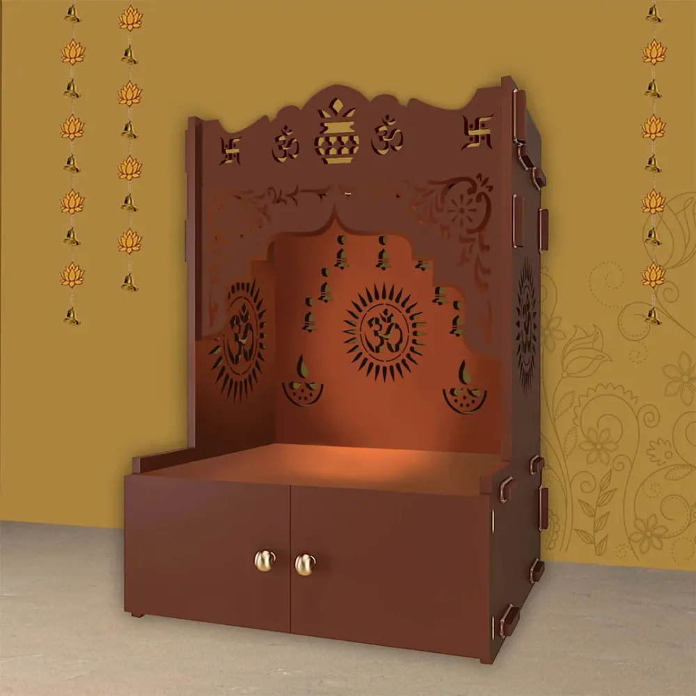 Holy Symbol Om Chakra Floor Temple With Spacious Wooden Shelf &amp; Inbuilt Focus Light- Brown Finish