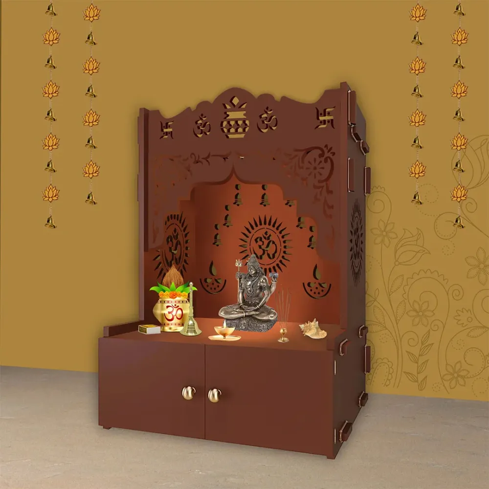 Holy Symbol Om Chakra Floor Temple With Spacious Wooden Shelf &amp; Inbuilt Focus Light- Brown Finish